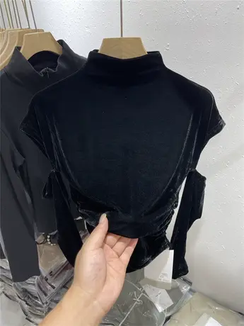 半高领金丝绒短款短袖拼接长袖T恤女2023秋新款个性褶皱修身上衣商品大图