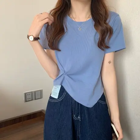 2023春夏季新款别致不规则短款设计感小众上衣服正肩短袖t恤女装图片