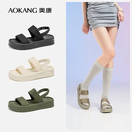 奥康女鞋 夏季新款舒适柔软双绑带休闲凉鞋一脚蹬松紧带百搭图片