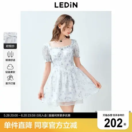 乐町方领浅蓝色流光公主裙年夏季新款度假打卡高腰泡泡袖公主裙商品大图