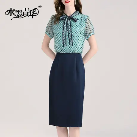 【1件7.9折】短袖女夏装新品时尚印花拼接一步裙简约收腰连衣裙图片