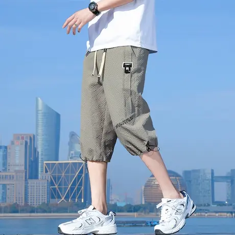 抽绳束脚短裤男夏季冰丝凉感七分裤男潮牌中裤青少年休闲运动马裤商品大图