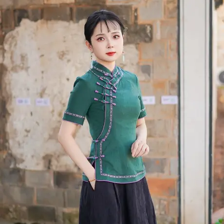 筠雅夏季新款经典中式上衣女民国复古素色修身文静唐装短袖25J119商品大图