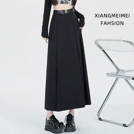 西装百褶裙半身裙女2024秋冬学院风遮胯显瘦中长裙简约复古灰色图片