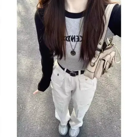 美式辣妹短款撞色长袖T恤女春秋季韩版修身插肩袖上衣内搭打底衫商品大图