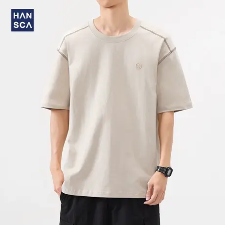 hansca 300g美式简约刺绣宽松短袖t恤男2025夏季百搭透气纯棉上衣商品大图