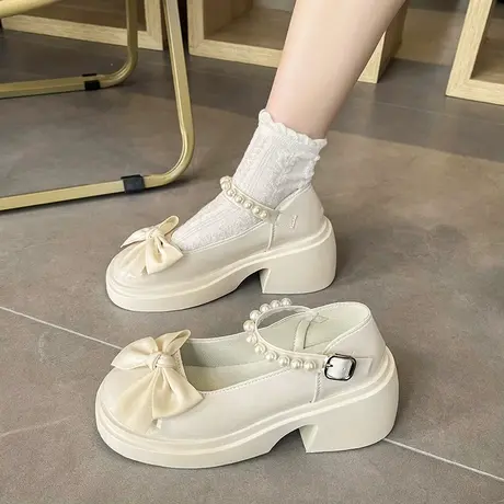 小香风粗跟高跟鞋白色2023新款小个子增高松糕底甜美可爱lolita鞋图片