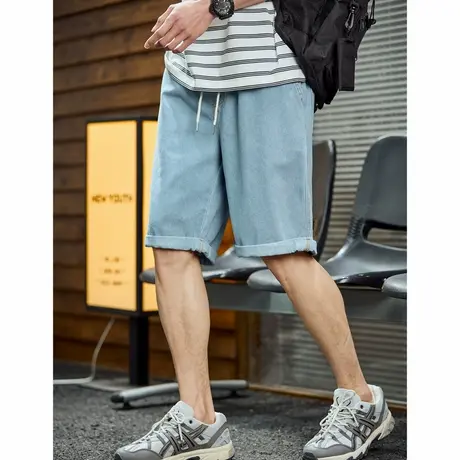 唐狮24夏季新款男牛仔中裤抽绳卷边潮流时尚简约百搭五分短裤商品大图
