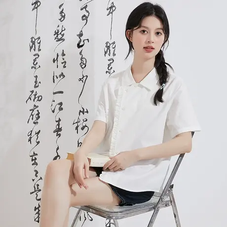 唐狮春夏新款国风短袖衬衫女中式改良斜襟衬衣小衫白色百搭图片