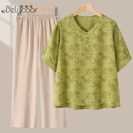 中老年夏装薄款女士刺绣短袖T恤套装名族风妈妈装上衣宽松家居服商品大图