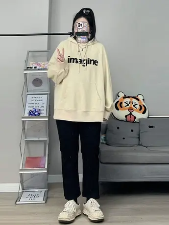 超火cec卡其炸街连帽卫衣女vintage宽松慵懒风加绒外套潮ins上衣商品大图