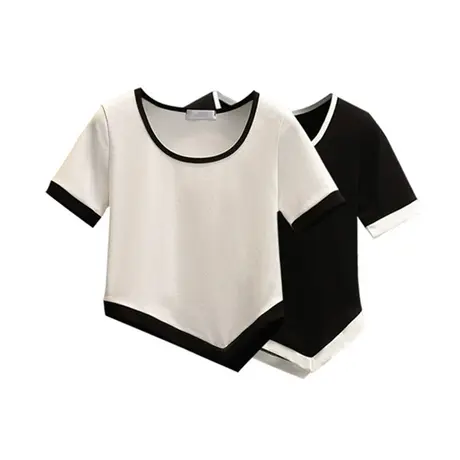修身显瘦拼接撞色上衣女2023年夏季新款短款短袖不规则正肩T恤潮图片