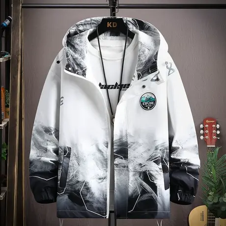 渐变外套男春秋款潮牌时尚水墨风夹克男连帽宽松休闲青少年上衣服商品大图