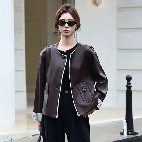 拉夏贝尔高级皮衣外套女秋季2025新款休闲宽松拼接条纹翻袖口上衣图片