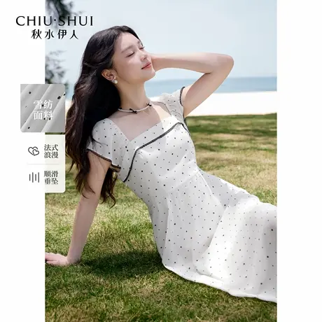 秋水伊人A字裙摆方领蕾丝花边连衣裙2025年夏季新款女休闲中长裙商品大图