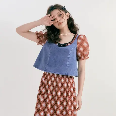 【断码清仓】乐町甜美拼接宽松上衣格纹方领牛仔纱雪纺衫少女鬼马商品大图