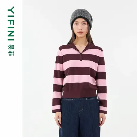 [专柜同款]Yifini/易菲半开领条纹连帽宽松短款针织卫衣百搭上衣商品大图