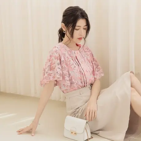 桔熊夏复古气质圆领蕾丝衬衫遮肉荷叶袖上衣女胖妹妹大码AB18446图片