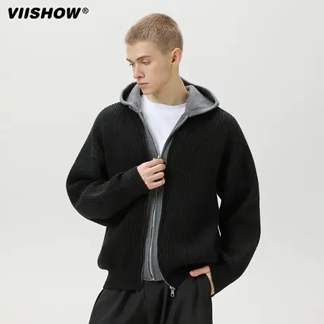 VIISHOW重磅连帽针织开衫男秋秋季美式复古慵懒拉链毛衣外套上衣商品大图
