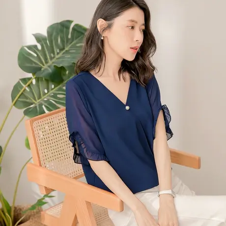 桔熊夏季气质珍珠坠饰V领透肤荷叶袖雪纺衫上衣女大码AB17336图片