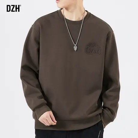 男士咖啡色卫衣男美式圆领秋季潮牌长袖上衣宽松男装2023新款体恤商品大图