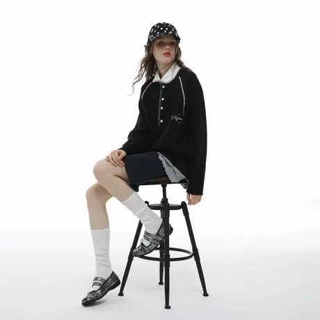 美式复古刺绣明线针织纹理长袖卫衣女春秋新款宽松休闲松弛感情侣商品大图