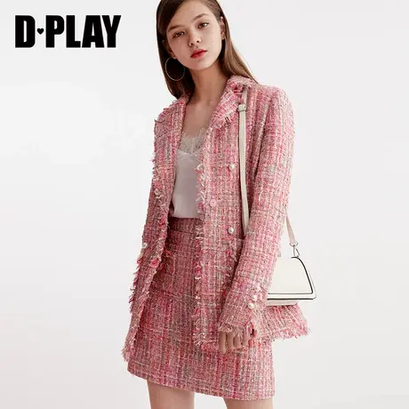 DPLAY德帕拉秋冬新款亮玫粉色粗布昵珍珠扣时尚小香风外套女商品大图