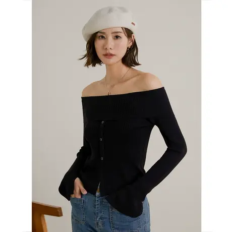 弥古黑色一字肩毛衣针织衫高级感女秋季2023新款露肩上衣打底内搭图片