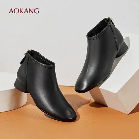 奥康 女鞋冬季软底软面羊皮高帮鞋女士真皮妈妈圆筒低跟短靴L图片