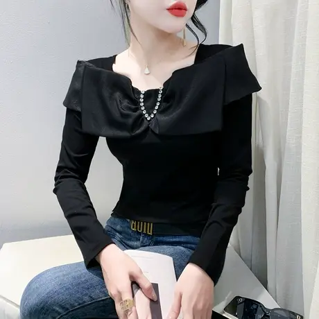 气质减龄蝴蝶结上衣性感烫钻一字领T恤女长袖洋气修身显瘦小衫ins商品大图