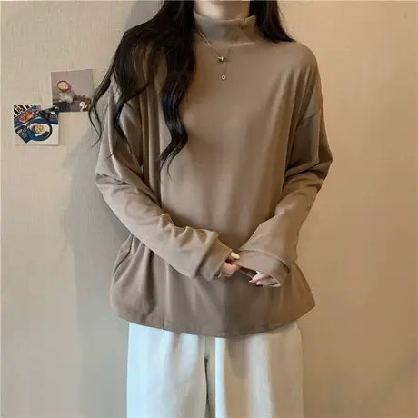ins超火加绒加厚半高领长袖T恤女秋冬宽松显瘦内搭德绒打底衫上衣商品大图