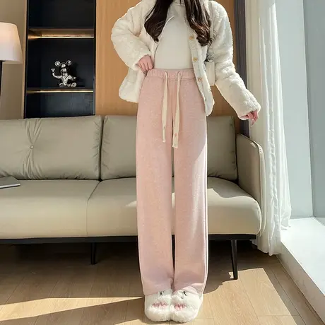 粉色加绒阔腿裤女冬季2023新款高腰垂感休闲羊绒窄版直筒拖地裤子商品大图