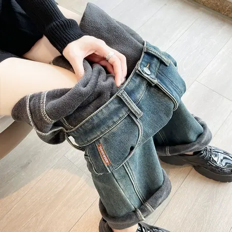 复古加绒阔腿牛仔裤女2023年秋冬季新款高腰宽松显瘦垂感直筒裤子商品大图