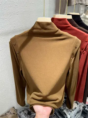 德绒半高领针织衫女长袖2023秋冬加绒修身设计感拼接别致打底上衣商品大图