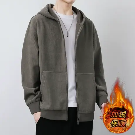 加绒夹克男秋冬款潮牌连帽针织卫衣男加厚青少年宽松休闲保暖外套商品大图