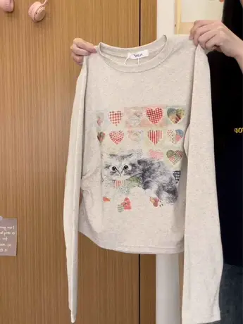 红续日系爱心猫咪长袖T恤女甜妹小个子收腰内搭上衣2023秋冬新款图片