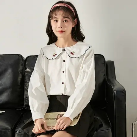 唐狮白色长袖衬衫女士春秋刺绣娃娃领衬衫衣服甜美百搭别致上衣图片
