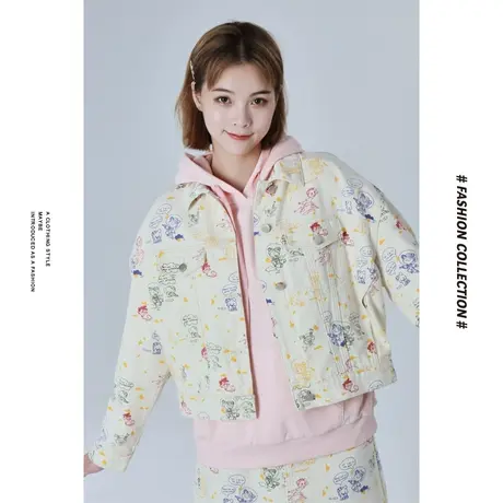 [商场同款]唐狮春秋季短外套女彩色卡通线稿满印牛仔外套休闲百图片