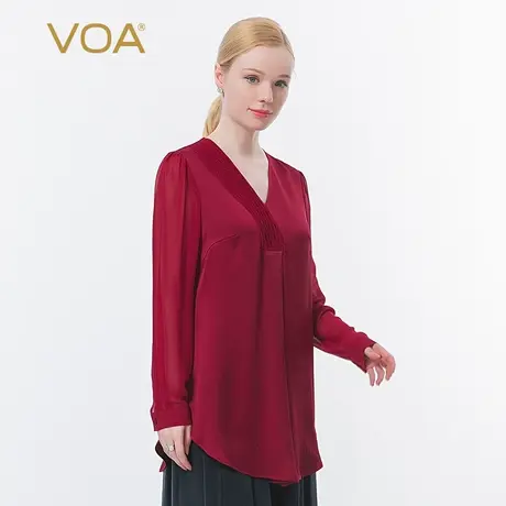 VOA真丝40姆米重磅双面缎红色V领不对称透视长袖褶皱桑蚕丝T恤图片