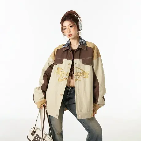 YEP美式复古拼接外套女春秋2023新款宽松oversize夹克ins潮牌上衣商品大图