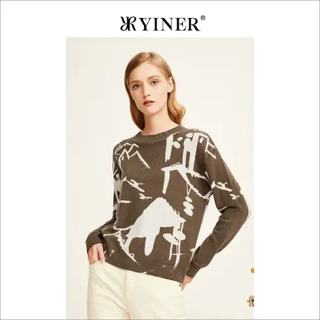 YINER音儿女装冬季抽象艺术图案羊毛含羊绒针织衫商品大图