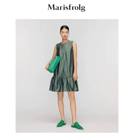 玛丝菲尔夏季新款气质墨绿色荷叶边波点无袖光泽感醋酸连衣裙女图片