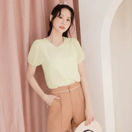 桔熊夏季韩版珍珠圆领菱格花纹雪纺衫泡泡袖上衣女装大码AB16934商品大图