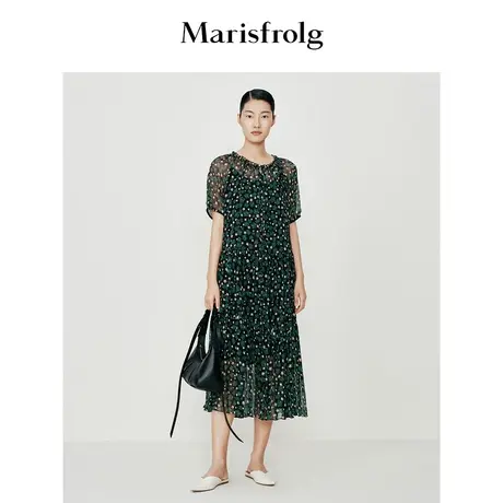 【6A级桑蚕丝】玛丝菲尔2023年夏新绿色真丝碎花连衣裙 藏肉显瘦图片