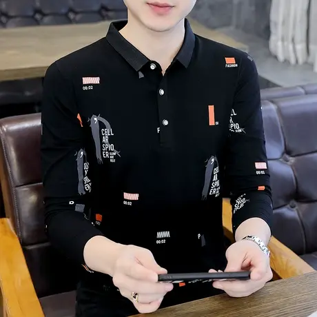 时尚休闲印花长袖T恤男翻领POLO衫秋季纯棉潮流青年打底衫上衣服商品大图