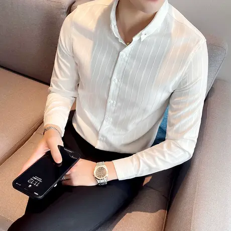 高端衬衫男士长袖秋冬季潮流商务休闲百搭男装痞帅轻奢条纹白衬衣商品大图