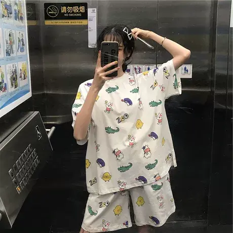 夏季短袖学生韩版宽松大码2-300斤家居服女短裤卡通睡衣套装胖mm商品大图