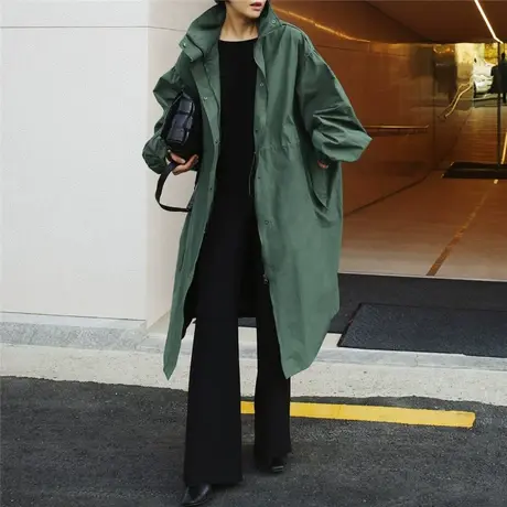 秋季新品中长款风衣女韩版立领抽绳收腰长袖宽松大码风衣外套女潮商品大图