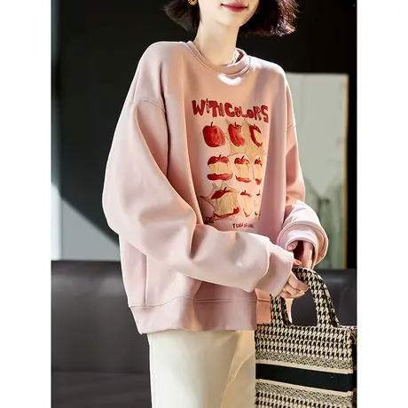 宝诗黎圆领印花棉质加绒卫衣2023秋冬新款宽松落肩长袖上衣女百搭商品大图