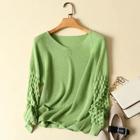 清仓！冰丝针织衫女宽松套头毛衣亮丝秋季新款韩版V领百搭打底衫图片